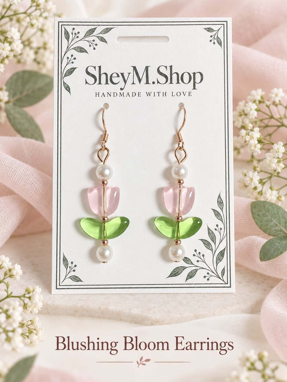 Handmade  Blushing Bloom Tulip Dangle Earrings NWT